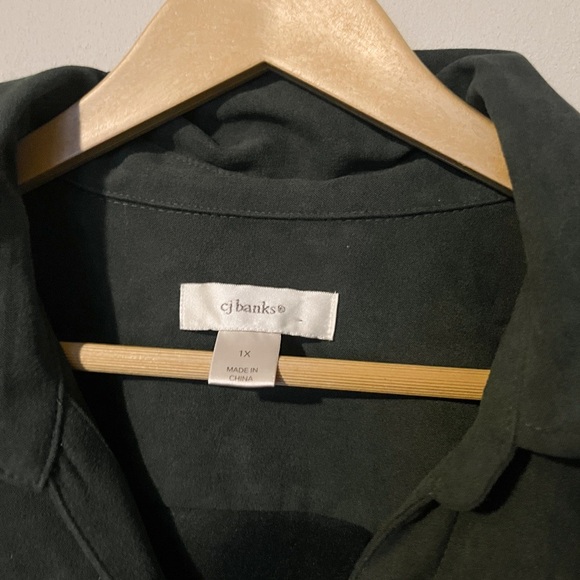 CJ Banks Vintage Faux Suede Emerald Green Collared Button Down Shacket - Picture 2 of 5